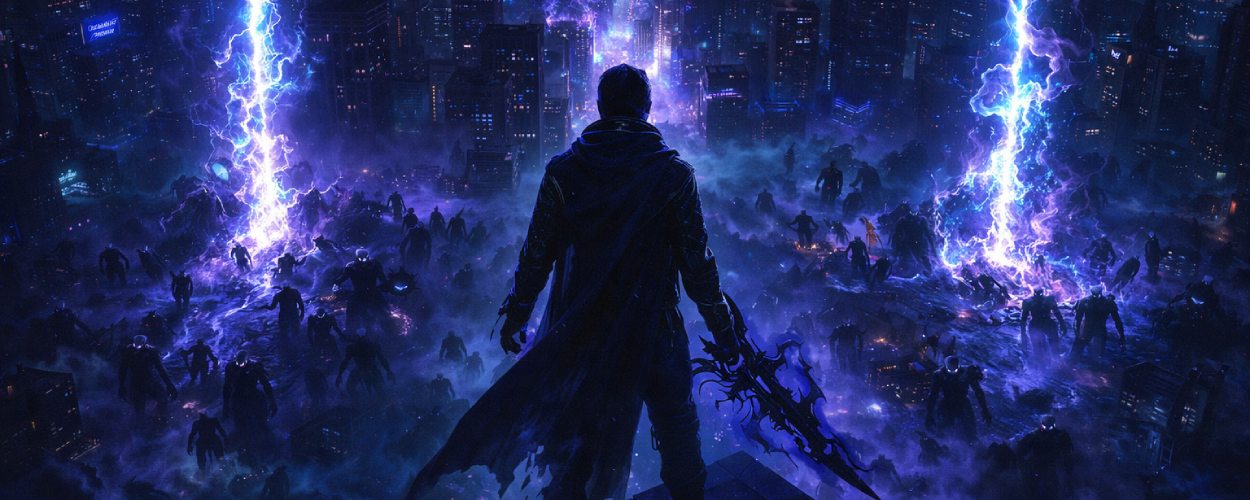 Ein dunkler Schattenjäger steht über einer von Portalen zerrissenen Stadt, während hinter ihm schwarze Geistersoldaten aufsteigen.