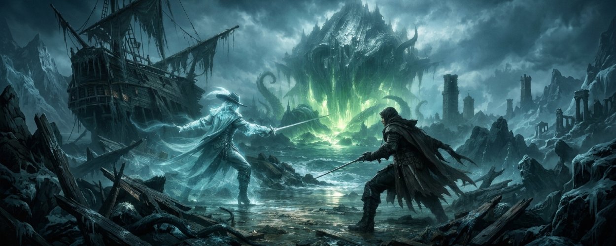 Soulframe Preludes 14 zeigt einen Duellanten am Geisterwrack, Piratenwaffen und einen gefallenen Skytower voller fremdartiger Gefahr.