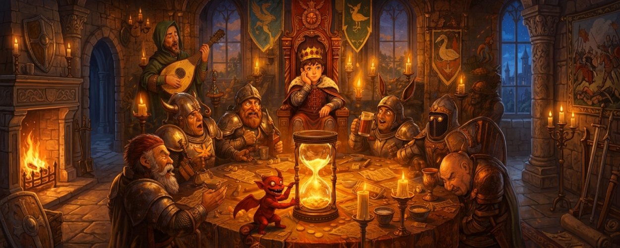 Sovereign Tower zeigt einen magischen Thronsaal mit Runden-Tisch-Rittern, einem Zeitdämon und einer Bardcore-Sängerin.