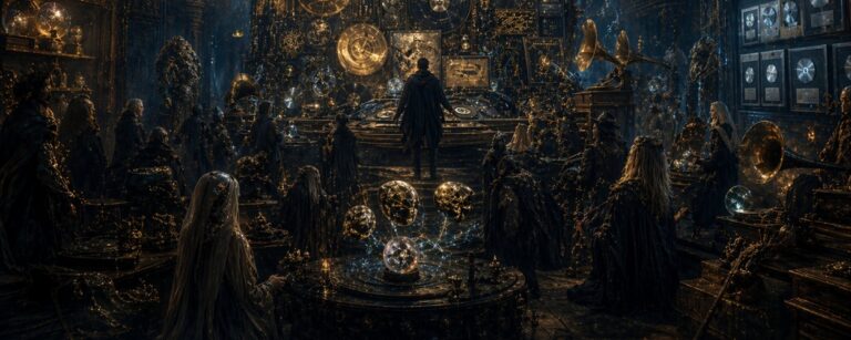 Dunkler Charttempel der Zwischenreiche mit riesigem gold-schwarzem Ewigkeitsaltar aus Schallplatten, Klangrelikten und Podcast-Orb, umringt von Barden, Archivaren und Schattenhörern.