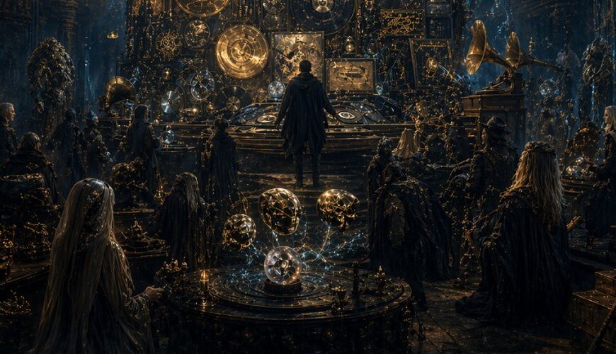 Dunkler Charttempel der Zwischenreiche mit riesigem gold-schwarzem Ewigkeitsaltar aus Schallplatten, Klangrelikten und Podcast-Orb, umringt von Barden, Archivaren und Schattenhörern.