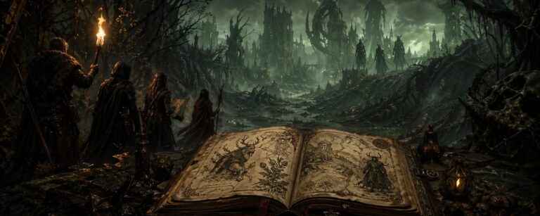 Symbaroum Anniversary Kickstarter mit Abenteurern am Rand des dunklen Waldes Davokar, altem Rollenspielbuch und finsteren Ruinen im Nebel.