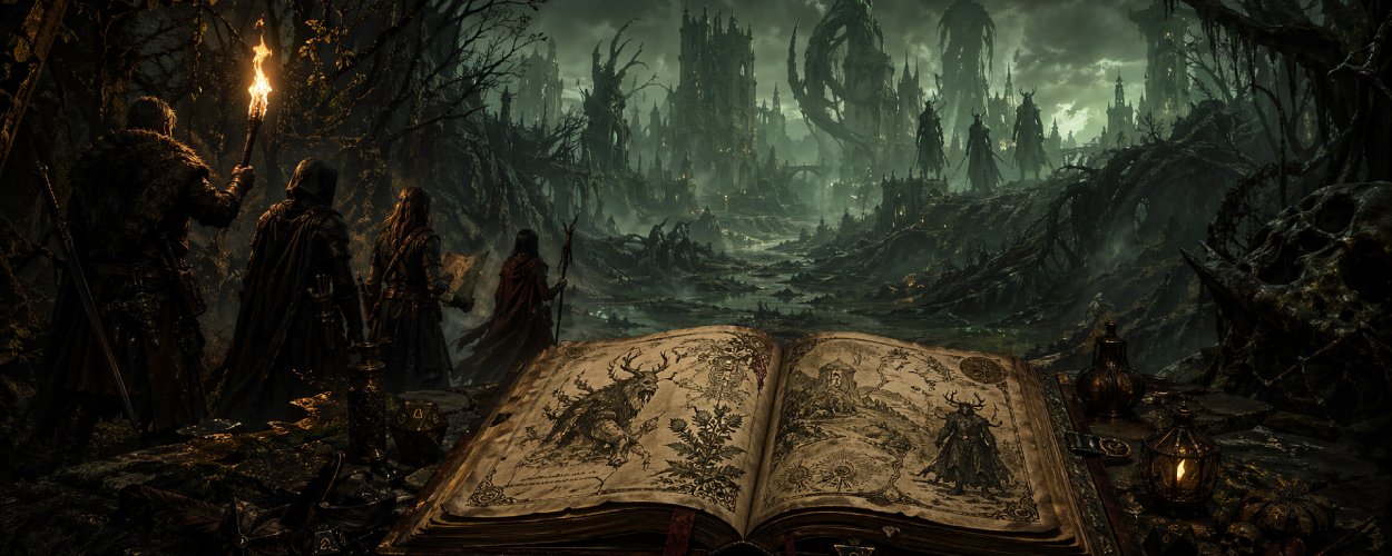 Symbaroum Anniversary Kickstarter mit Abenteurern am Rand des dunklen Waldes Davokar, altem Rollenspielbuch und finsteren Ruinen im Nebel.