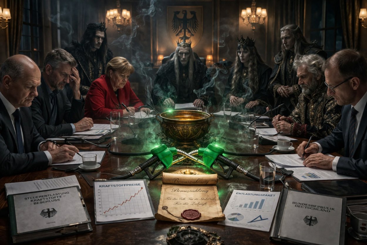 Regierungsrunde an einem Konferenztisch mit Akten, Diagrammen und grünen Zapfpistolen, während im Hintergrund finstere Zwischenreichsherrscher an einem geheimen Entlastungspakt mitwirken.