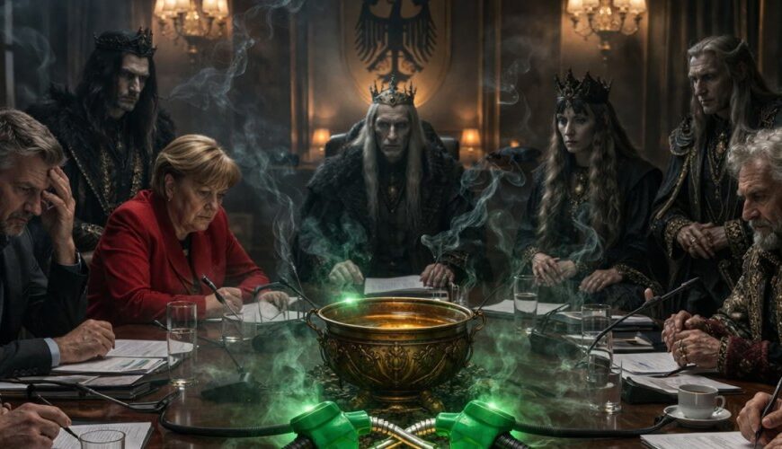 Regierungsrunde an einem Konferenztisch mit Akten, Diagrammen und grünen Zapfpistolen, während im Hintergrund finstere Zwischenreichsherrscher an einem geheimen Entlastungspakt mitwirken.