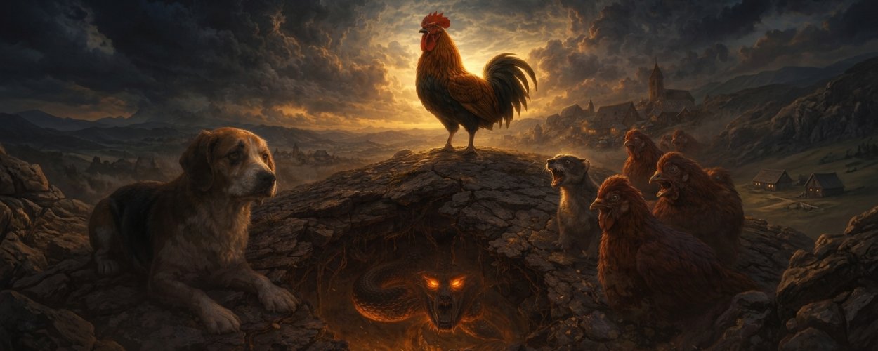 The Book of the Dun Cow als düstere Tierfabel mit stolzem Hahn, Tierreich und einem uralten Wyrm unter der Erde.