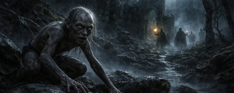 Gollum flieht nachts durch eine düstere Mittelerde-Landschaft, während Verfolger im Hintergrund näherkommen.