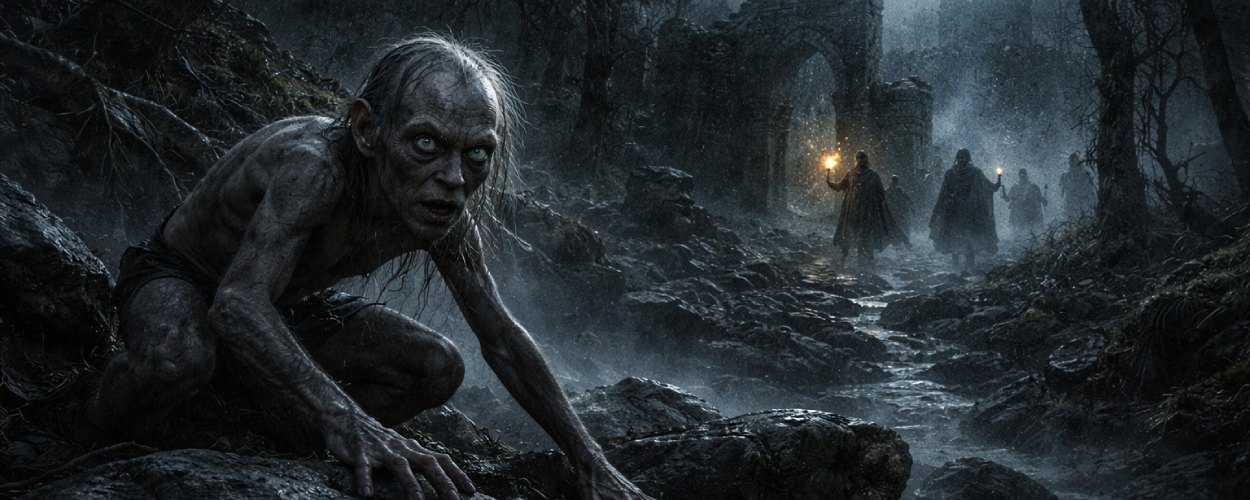Gollum flieht nachts durch eine düstere Mittelerde-Landschaft, während Verfolger im Hintergrund näherkommen.