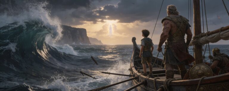 Ein junger Prinz steht auf einem antiken Schiff in schwerer See und blickt auf eine monumentale mythologische Reise über reale Wellen.