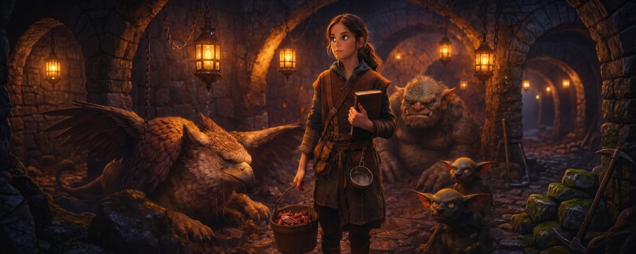 Ein junges Mädchen steht in einem animierten Fantasy-Dungeon zwischen seltsamen Kreaturen und zeigt die Welt von Thisby Thestoop.