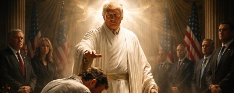 Donald Trump als Heilergestalt in weißem Gewand mit Lichtkranz und erhobener Hand über einem knienden Mann, umgeben von US-Flaggen und andächtigen Beobachtern.
