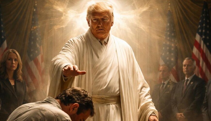Donald Trump als Heilergestalt in weißem Gewand mit Lichtkranz und erhobener Hand über einem knienden Mann, umgeben von US-Flaggen und andächtigen Beobachtern.