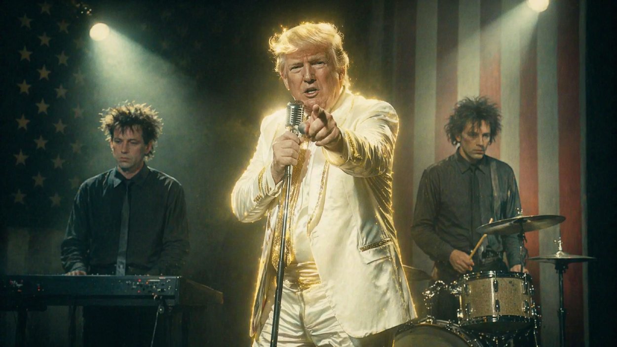 Trump in glänzend weiß-goldenem Bühnenanzug als Sänger einer minimalistischen New-Wave-Band vor US-Flagge, flankiert von zwei düsteren Musikern an Keyboard und Schlagzeug.