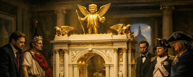 Prunkvolles Modell eines riesigen Triumphbogens auf einem Konferenztisch, gekrönt von einer goldenen geflügelten Herrscherfigur, umringt von historisch und politisch wirkenden Beobachtern.