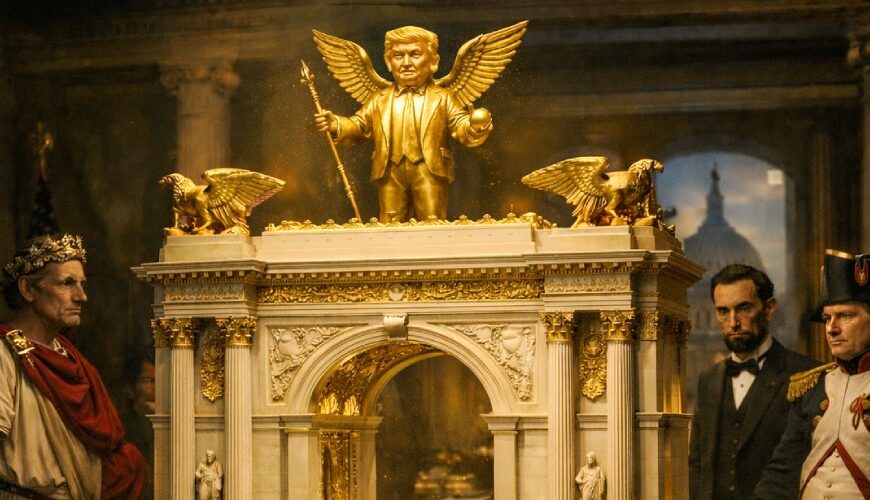 Prunkvolles Modell eines riesigen Triumphbogens auf einem Konferenztisch, gekrönt von einer goldenen geflügelten Herrscherfigur, umringt von historisch und politisch wirkenden Beobachtern.