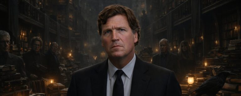 Düstere Fantasy-Inszenierung von Tucker Carlson in schwarzem Anzug vor einer riesigen bibliotheksartigen Festung voller Bücher, Kerzenlicht, Schattenfiguren und einem Raben im Vordergrund.