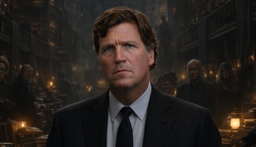 Düstere Fantasy-Inszenierung von Tucker Carlson in schwarzem Anzug vor einer riesigen bibliotheksartigen Festung voller Bücher, Kerzenlicht, Schattenfiguren und einem Raben im Vordergrund.