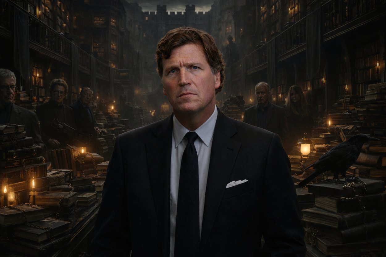 Denis Scheck sitzt hinter einem Wall aus alten Büchern, während im Hintergrund eine vernagelte Damentoilette als satirisches Symbol des Ausschlusses zu sehen ist.