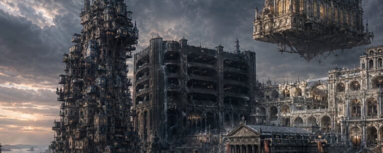 Fünf bizarre und düstere Bauwerke der Zwischenreiche ragen als problematische Monumente in einer finsteren Fantasystadt auf, während im Hintergrund eine harmlose gläserne Konzerthalle fast verloren wirkt.