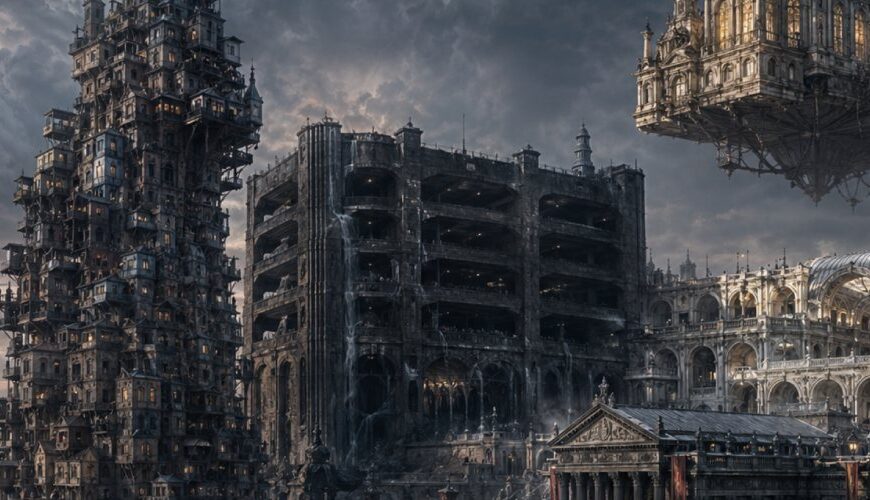 Fünf bizarre und düstere Bauwerke der Zwischenreiche ragen als problematische Monumente in einer finsteren Fantasystadt auf, während im Hintergrund eine harmlose gläserne Konzerthalle fast verloren wirkt.