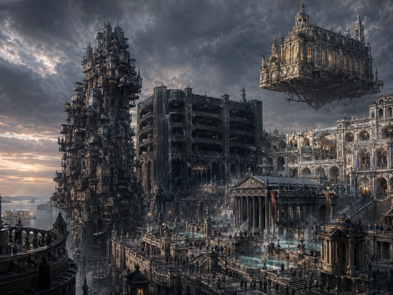 Fünf bizarre und düstere Bauwerke der Zwischenreiche ragen als problematische Monumente in einer finsteren Fantasystadt auf, während im Hintergrund eine harmlose gläserne Konzerthalle fast verloren wirkt.