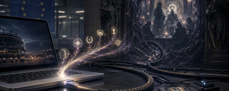 Dunkle fantasyhafte Technikszene mit einem Laptop und mehreren USB-C-Kabeln, die wie schwarze Leitungen in ein leuchtendes Portal der Zwischenreiche führen, während Symbole für Hoffnung und kritisches Denken abgesaugt werden.