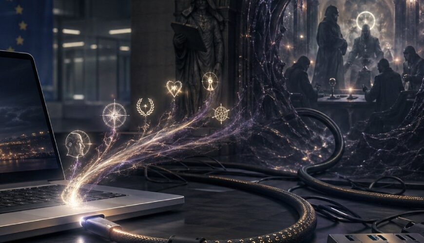 Dunkle fantasyhafte Technikszene mit einem Laptop und mehreren USB-C-Kabeln, die wie schwarze Leitungen in ein leuchtendes Portal der Zwischenreiche führen, während Symbole für Hoffnung und kritisches Denken abgesaugt werden.