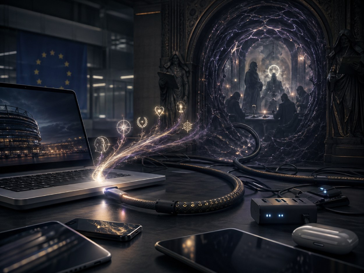 Fünf bizarre und düstere Bauwerke der Zwischenreiche ragen als problematische Monumente in einer finsteren Fantasystadt auf, während im Hintergrund eine harmlose gläserne Konzerthalle fast verloren wirkt.