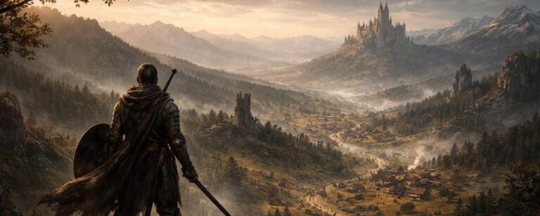 Valorborn zeigt einen Söldner über einer mittelalterlichen Fantasy-Welt mit Straßen, Dörfern und weiter Wildnis.