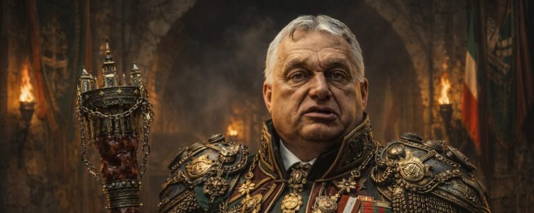 Viktor Orbán als autoritärer Festungsherr in überladener Prunkuniform mit Salami-Zepter vor einer düsteren patriotischen Zitadelle mit Stacheldraht