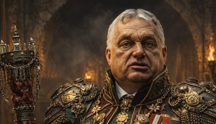 Viktor Orbán als autoritärer Festungsherr in überladener Prunkuniform mit Salami-Zepter vor einer düsteren patriotischen Zitadelle mit Stacheldraht