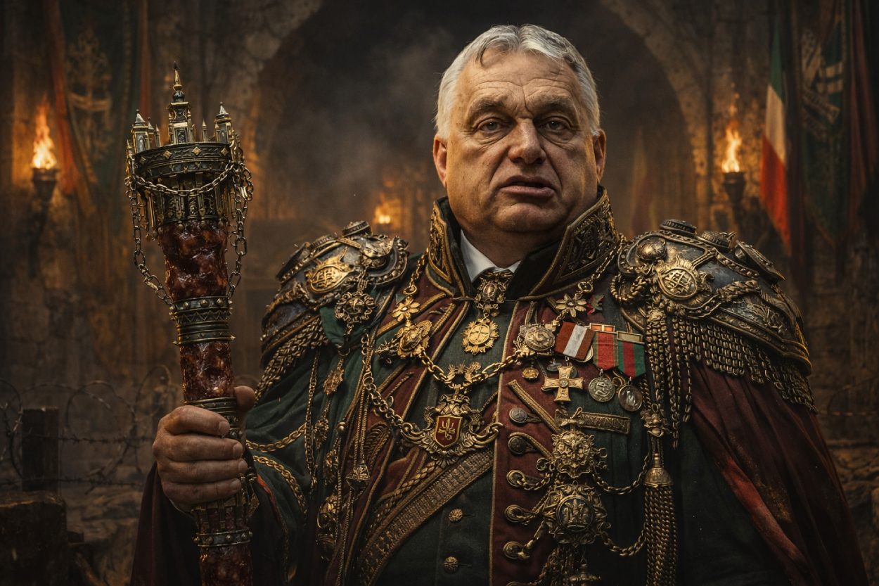 JD Vance als düsterer Kerkervogt mit Trump-Zepter, MFGA-Kappe und Stacheldraht im Hintergrund eines autoritären Fantasy-Dungeons