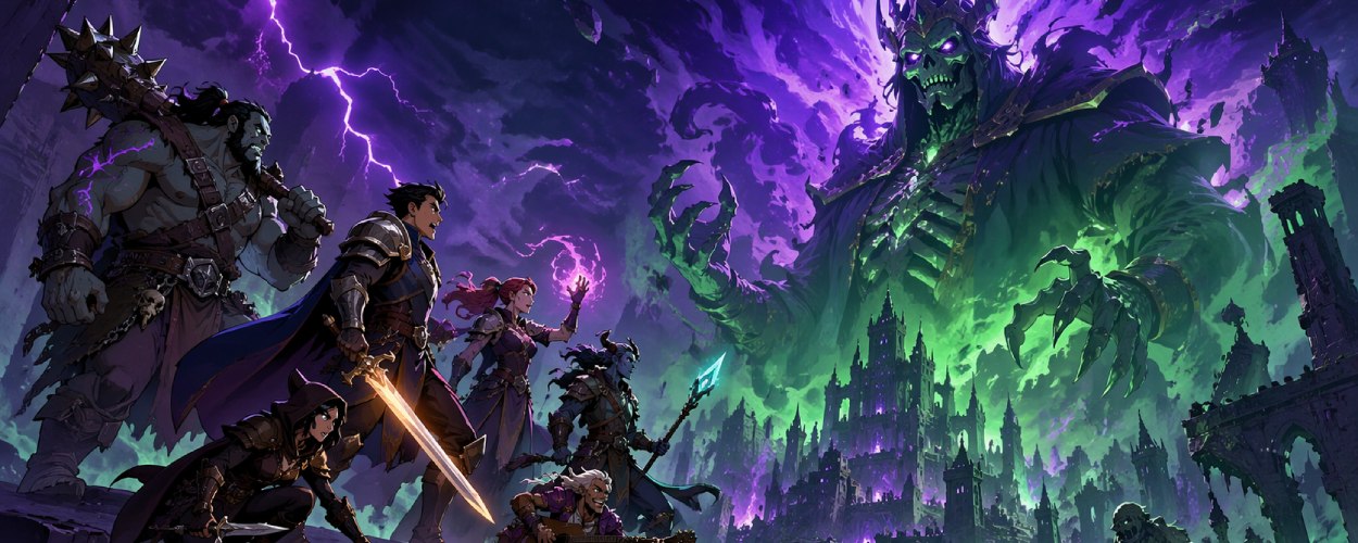 The Legend of Vox Machina als düstere Fantasy-Gruppe vor einer zerstörten Stadt und einem gewaltigen nekromantischen Schattengegner.