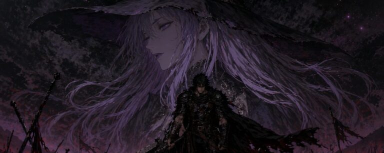 Das Witch and Mercenary Visual zeigt die Hexe Siasha und den Söldner Zig in einer düsteren Fantasy-Szenerie mit rotem Boden und nächtlichem Himmel.