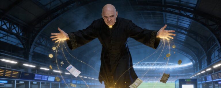 Infantino als finsterer Goldmagier schwebt über entsetzten Fußballfans in einem Bahnhof nahe einem WM-Stadion und zieht mit goldenen Fäden Geld, Tickets und Zahlungsdaten aus ihren Händen.