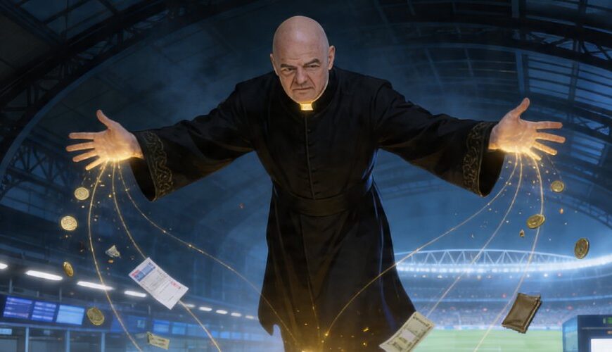 Infantino als finsterer Goldmagier schwebt über entsetzten Fußballfans in einem Bahnhof nahe einem WM-Stadion und zieht mit goldenen Fäden Geld, Tickets und Zahlungsdaten aus ihren Händen.