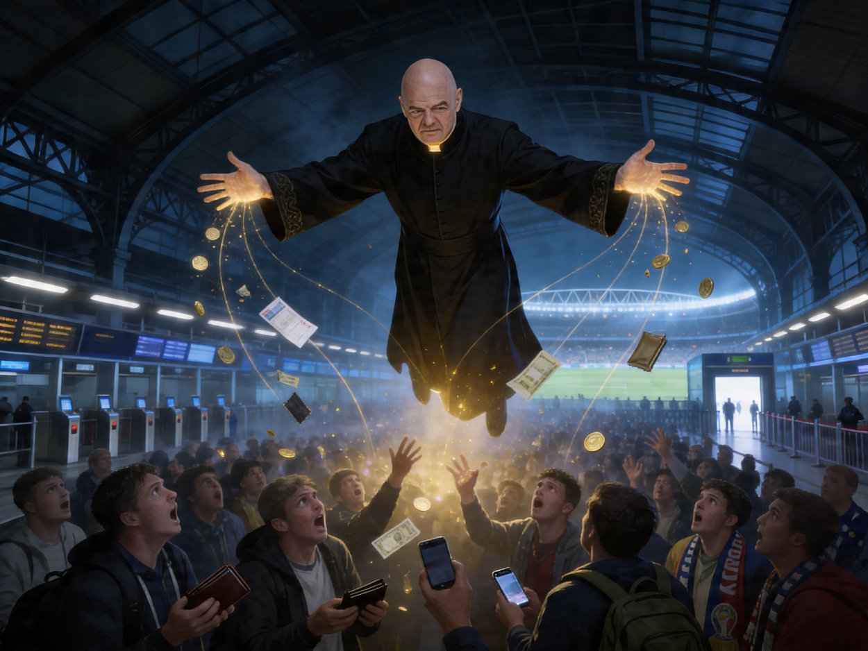 Infantino als finsterer Goldmagier schwebt über entsetzten Fußballfans in einem Bahnhof nahe einem WM-Stadion und zieht mit goldenen Fäden Geld, Tickets und Zahlungsdaten aus ihren Händen.