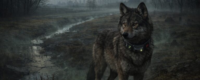 Wolf mit leuchtendem Halsbandsender in einer nebligen Marschlandschaft südlich von Hamburg, mit Wassergraben, kahlen Bäumen und Industriesilhouette im Hintergrund.