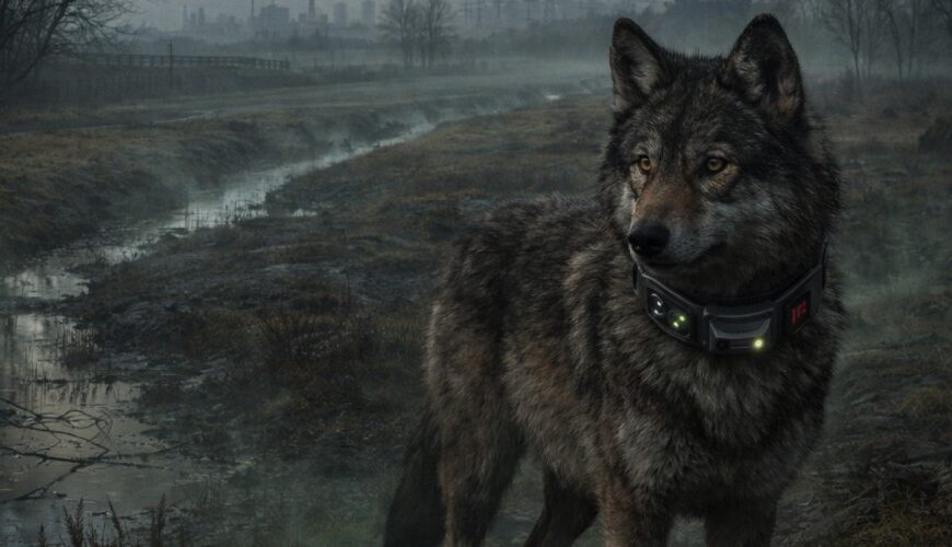 Wolf mit leuchtendem Halsbandsender in einer nebligen Marschlandschaft südlich von Hamburg, mit Wassergraben, kahlen Bäumen und Industriesilhouette im Hintergrund.