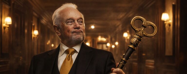 Wolfgang Kubicki als alter Schattenkönig in einem düsteren Grandhotel-Flur mit großem Generalschlüssel-Zepter und nächtlicher Polit-Atmosphäre