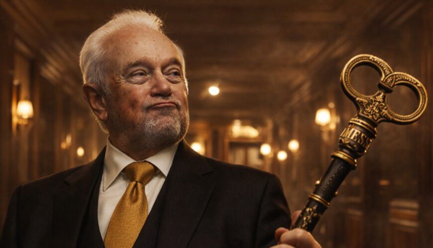 Wolfgang Kubicki als alter Schattenkönig in einem düsteren Grandhotel-Flur mit großem Generalschlüssel-Zepter und nächtlicher Polit-Atmosphäre