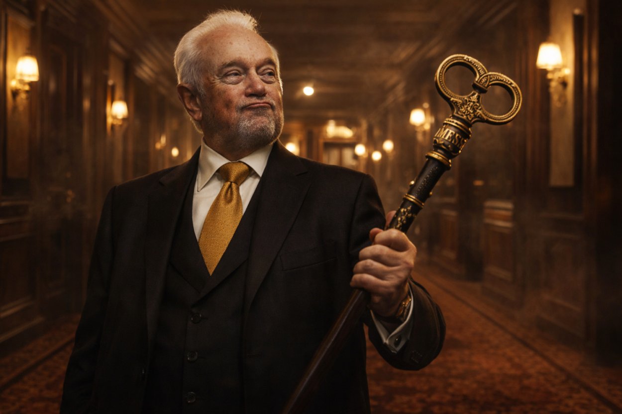 Wolfgang Kubicki als alter Schattenkönig in einem düsteren Grandhotel-Flur mit großem Generalschlüssel-Zepter und nächtlicher Polit-Atmosphäre