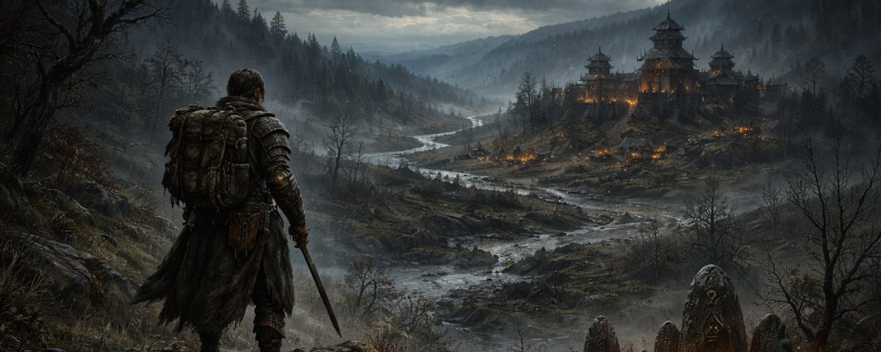 Ein einsamer Abenteurer blickt über eine düstere slawisch inspirierte Fantasylandschaft mit Festung, Nebel und verdunkelten Flüssen.