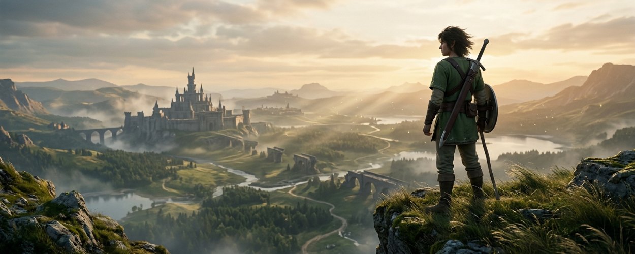 Zelda Film: Link blickt auf ein weites, morgendliches Fantasy-Königreich mit Ruinen, Wäldern und fernem Schloss.