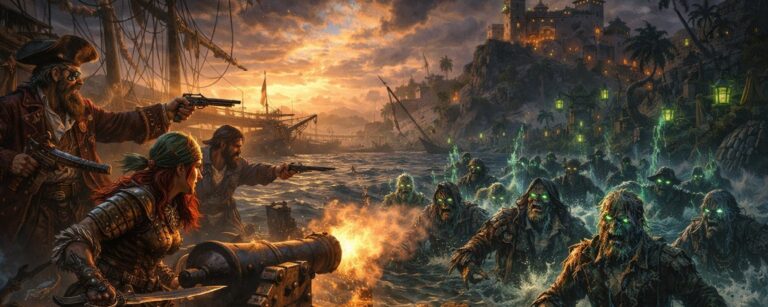 Eine Fantasy-Piratencrew verteidigt einen verfluchten Inselhafen gegen untote Seeleute, die aus schwarzem Wasser steigen.