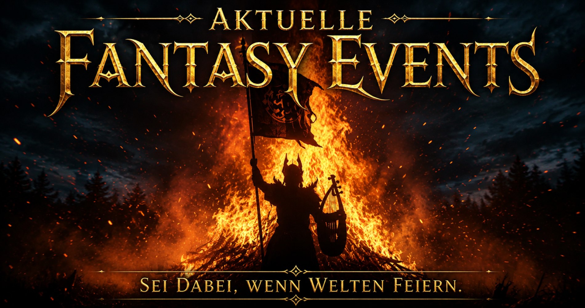 Fantasy Events Banner: Ein dunkler Krieger erhebt seine Fahne vor einem riesigen lodernden Feuer, während Funken in den Nachthimmel steigen