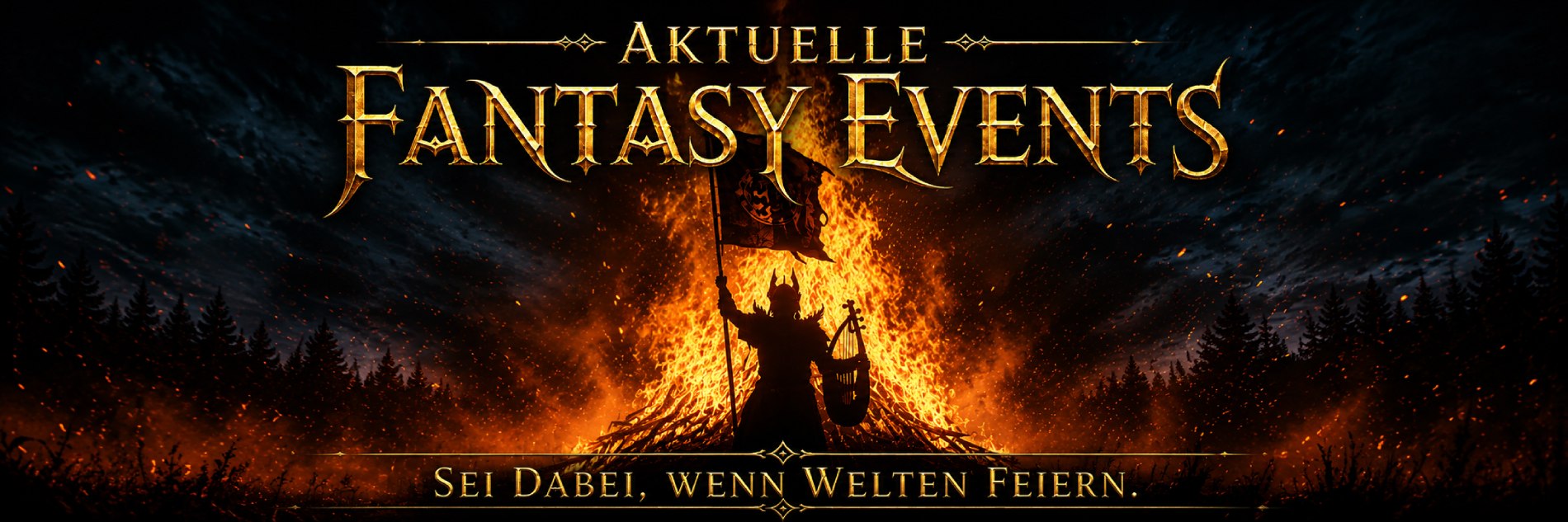 Fantasy Events Banner: Ein dunkler Krieger erhebt seine Fahne vor einem riesigen lodernden Feuer, während Funken in den Nachthimmel steigen