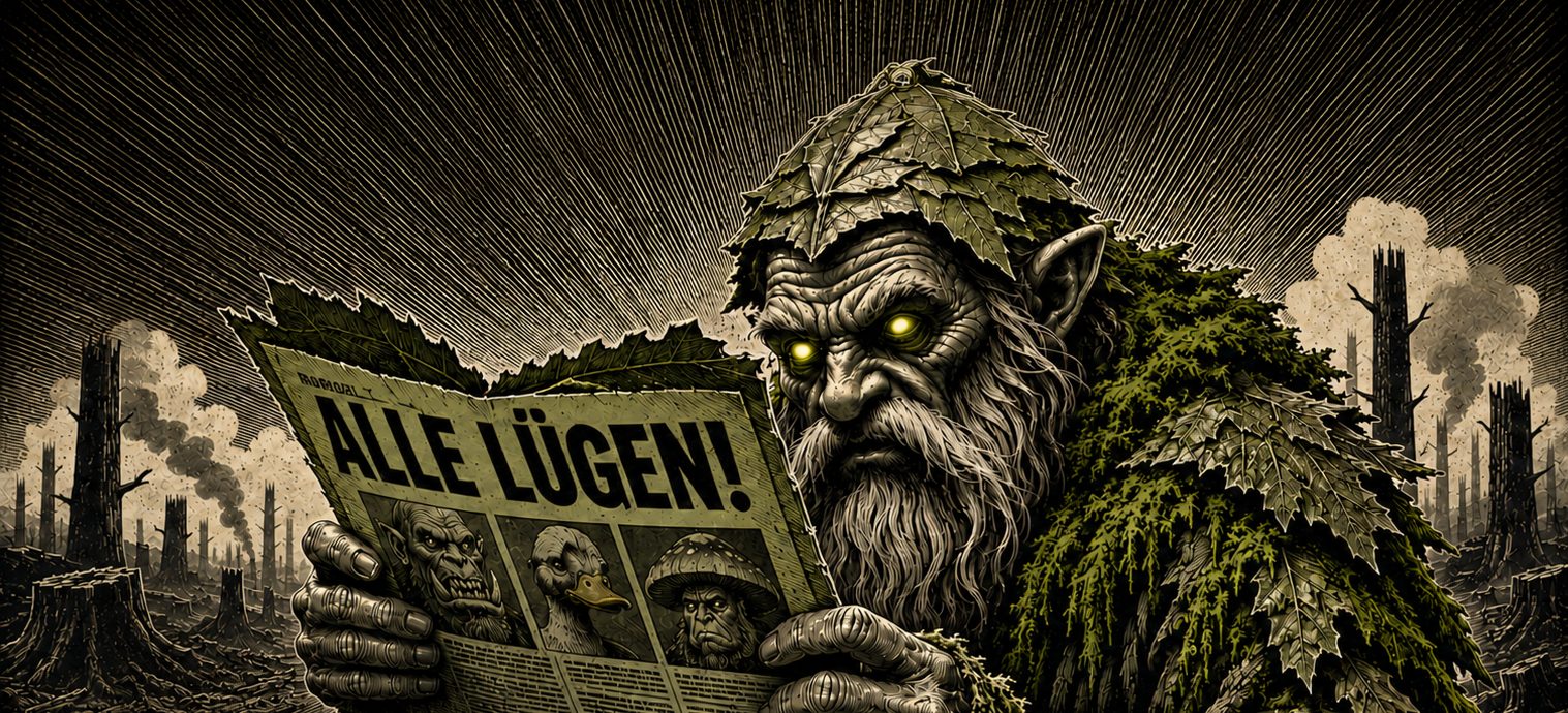 Ein Moosling mit glühenden Augen liest wütend in einem Blatt-Pergament im düsteren Wald. 
