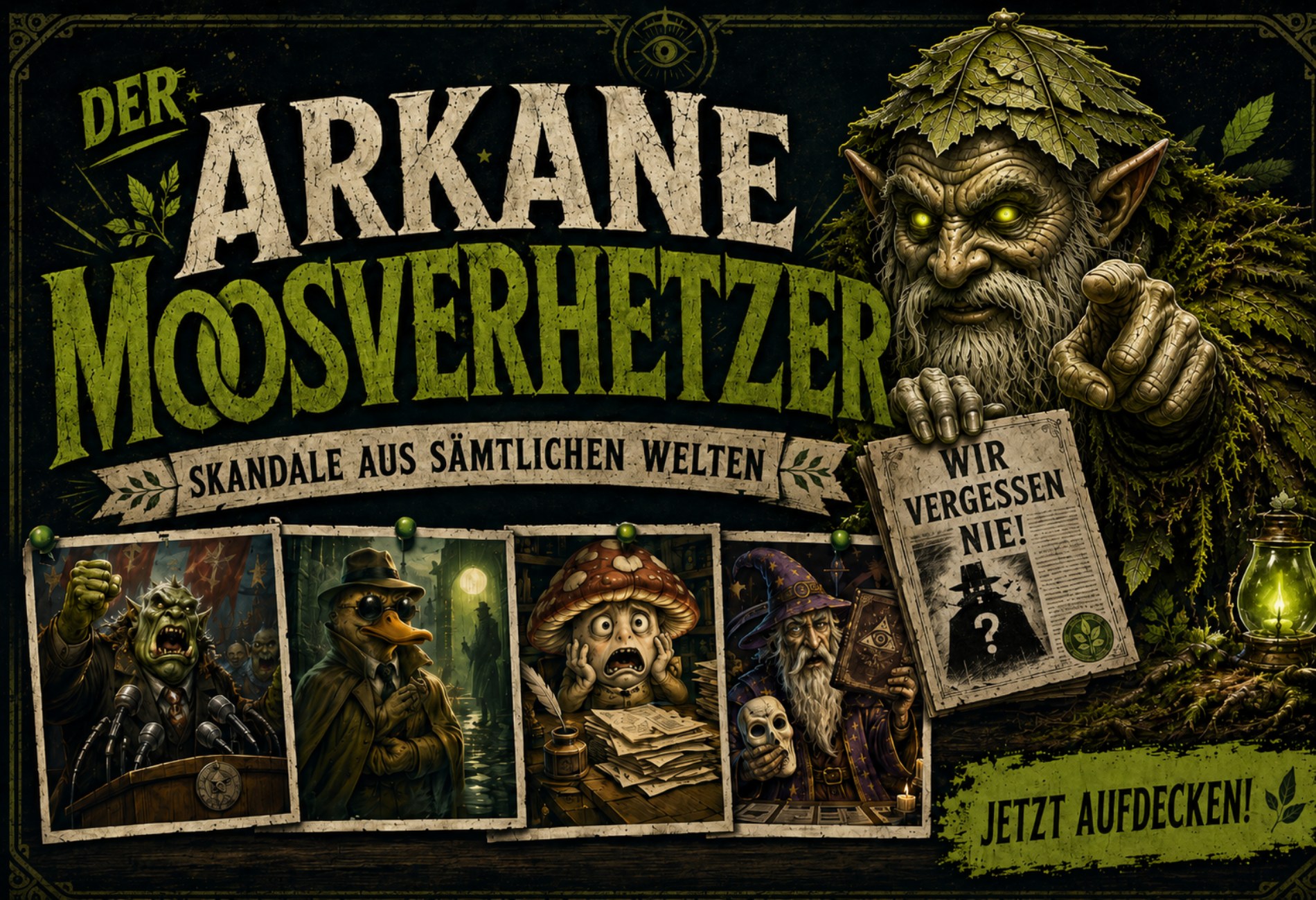 Fantasy-Satire-Banner: Ein Moosling mit glühenden Augen liest wütend in einem grünen Blattbuch. Darüber der Schriftzug ‚Nichts als die Wahrheit‘, unten der Titel ‚Der Arkane Moosverhetzer‘ und ein Button mit ‚Jetzt lesen!‘