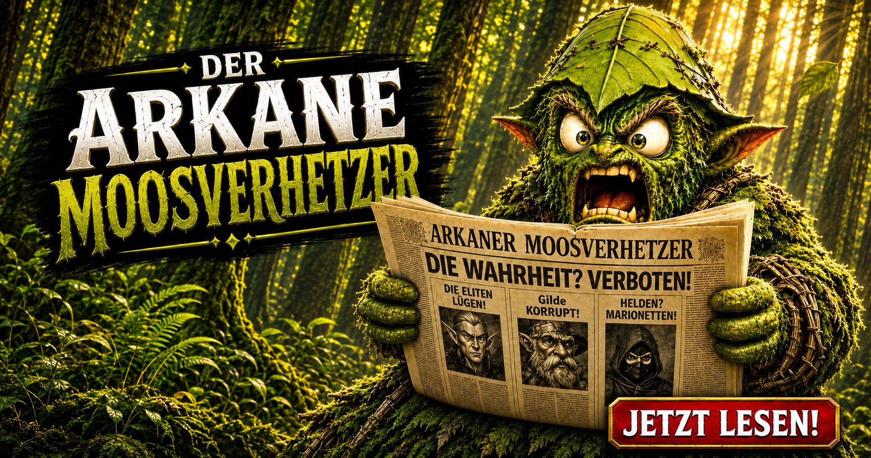 Moosbedeckter alter Waldschamane mit leuchtenden Augen liest aus einem grünen Blattpergament.